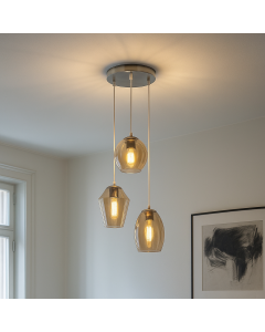 Ronde design hanglamp Lazaro met 3 amberkleurige kappen
