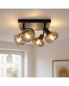 Design vierkante plafondspot Skip, zwart, glas, 4L