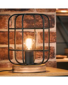 Industriële tafellamp Taede, Zwart, hout