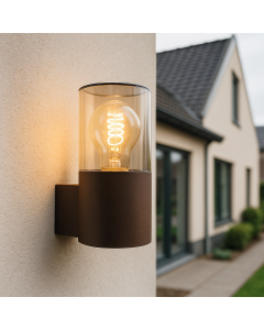 Roestkleur wandlamp Sanel, smoke glas, IP44, cilinder
