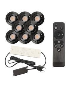 8 kantelbare veranda spots Rona, IP44, met aansluitset en afstandsbediening, zwart