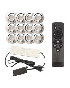 12 kantelbare veranda spots Rona, IP44, met aansluitset en afstandsbediening, geborsteld chroom