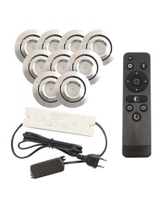 9 kantelbare veranda spots Rona, IP44, met aansluitset en afstandsbediening, geborsteld chroom
