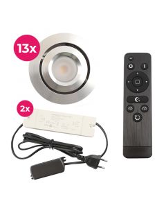 13 kantelbare veranda spots Rona, IP44, met aansluitset en afstandsbediening, geborsteld chroom