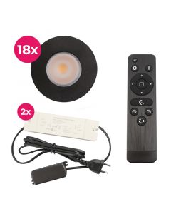 18 zwarte veranda inbouwspots Dico, IP65, incl. aansluitset en afstandbediening