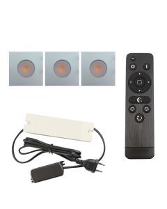 3 vierkante geborsteld Chroom veranda inbouwspots Dico, IP65, incl. aansluitset en afstandbediening