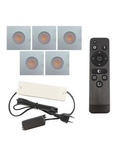 5 vierkante geborsteld Chroom veranda inbouwspots Dico, IP65, incl. aansluitset en afstandbediening