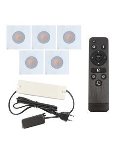 5 vierkante witte veranda inbouwspots Dico, IP65, incl. aansluitset en afstandbediening
