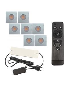 7 vierkante geborsteld Chroom veranda inbouwspots Dico, IP65, incl. aansluitset en afstandbediening