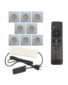 8 vierkante geborsteld Chroom veranda inbouwspots Dico, IP65, incl. aansluitset en afstandbediening
