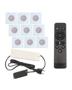 9 vierkante witte veranda inbouwspots Dico, IP65, incl. aansluitset en afstandbediening