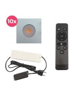 10 vierkante geborsteld Chroom veranda inbouwspots Dico, IP65, incl. aansluitset en afstandbediening