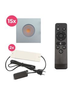 15 vierkante geborsteld Chroom veranda inbouwspots Dico, IP65, incl. aansluitset en afstandbediening