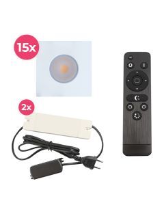15 vierkante witte veranda inbouwspots Dico, IP65, incl. aansluitset en afstandbediening