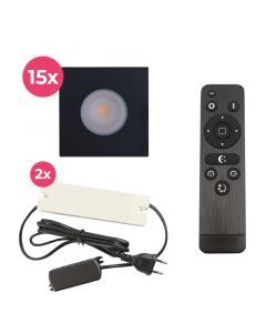 15 vierkante zwarte veranda inbouwspots Dico, IP65, incl. aansluitset en afstandbediening
