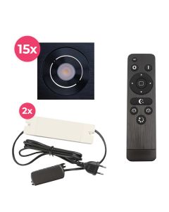 15 kantelbare veranda spots Rona vierkant, IP44, met aansluitset en afstandsbediening, zwart