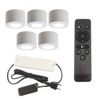 5 ronde witte veranda opbouwspots Vasso, IP44, incl. aansluitset en afstandbediening