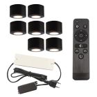 7 ronde zwarte veranda opbouwspots Vasso, IP44, incl. aansluitset en afstandbediening