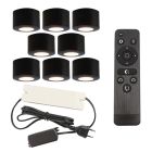 8 ronde zwarte veranda opbouwspots Vasso, IP44, incl. aansluitset en afstandbediening
