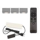 3 vierkante geborsteld Chroom veranda opbouwspots Fredo, IP44, incl. aansluitset en afstandbediening