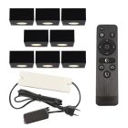 8 vierkante zwarte veranda opbouwspots Fredo, IP44, incl. aansluitset en afstandbediening