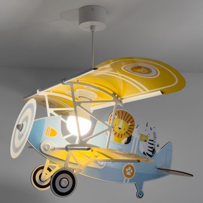 Blauwe kinderkamer hanglamp kunststof, Leeuw vliegtuig
