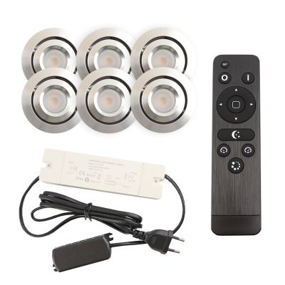 6 kantelbare veranda spots Rona, IP44, met aansluitset en afstandsbediening, geborsteld chroom