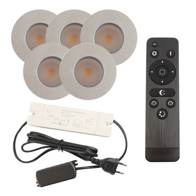 5 geborsteld Chroom veranda inbouwspots Dico, IP65, incl. aansluitset en afstandbediening