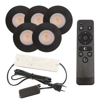 5 zwarte veranda inbouwspots Dico, IP65, incl. aansluitset en afstandbediening