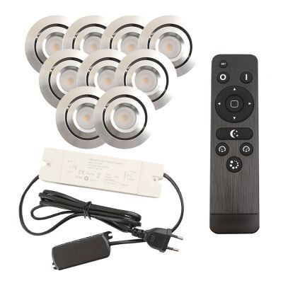 9 kantelbare veranda spots Rona, IP44, met aansluitset en afstandsbediening, geborsteld chroom