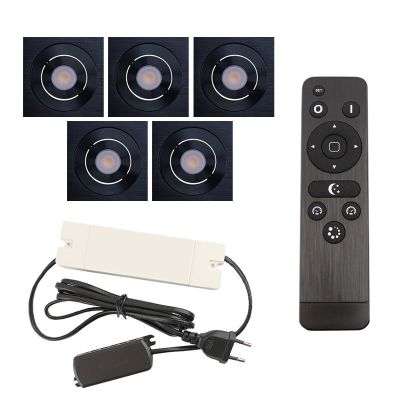 5 kantelbare veranda spots Rona vierkant, IP44, met aansluitset en afstandsbediening, zwart