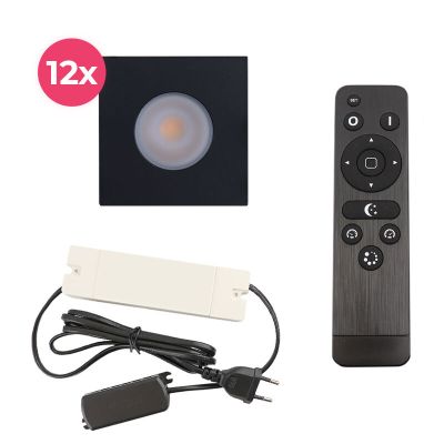 12 vierkante zwarte veranda inbouwspots Dico, IP65, incl. aansluitset en afstandbediening