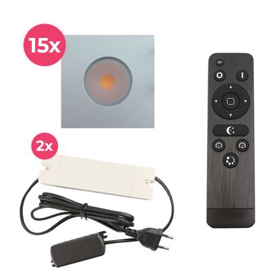 15 vierkante geborsteld Chroom veranda inbouwspots Dico, IP65, incl. aansluitset en afstandbediening