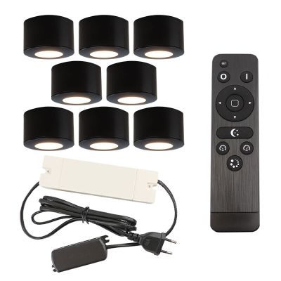 8 ronde zwarte veranda opbouwspots Vasso, IP44, incl. aansluitset en afstandbediening