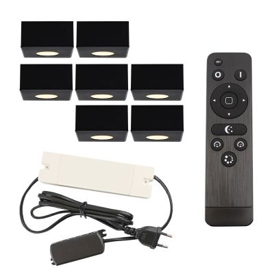 7 vierkante zwarte veranda opbouwspots Fredo, IP44, incl. aansluitset en afstandbediening