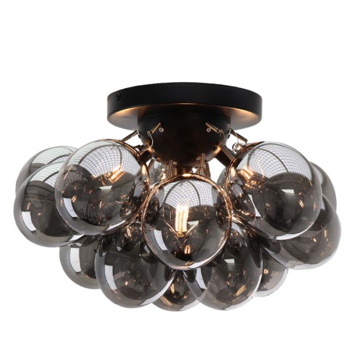 Metalen plafondlamp zwart, Cyril, met 15 glazen bollen