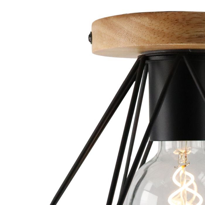 Zwarte industriële plafonnière Jochem, met houten plafondkap