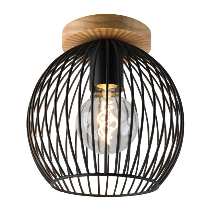 Zwarte industriële plafonnière Wiro, met houten plafondkap