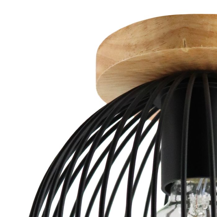 Zwarte industriële plafonnière Wiro, met houten plafondkap