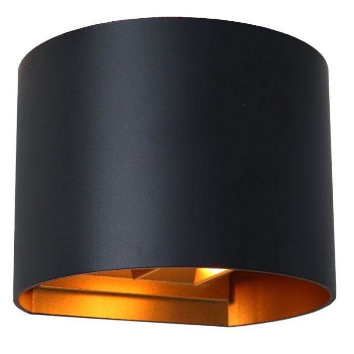 Up down wandlamp zwart met gouden binnenzijde, Dion, 6W, 2700K LED, IP65