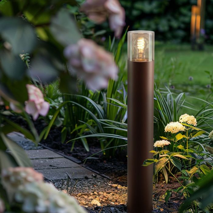 Roestkleur staande buitenlamp Sanel, Smoke glas, 60cm