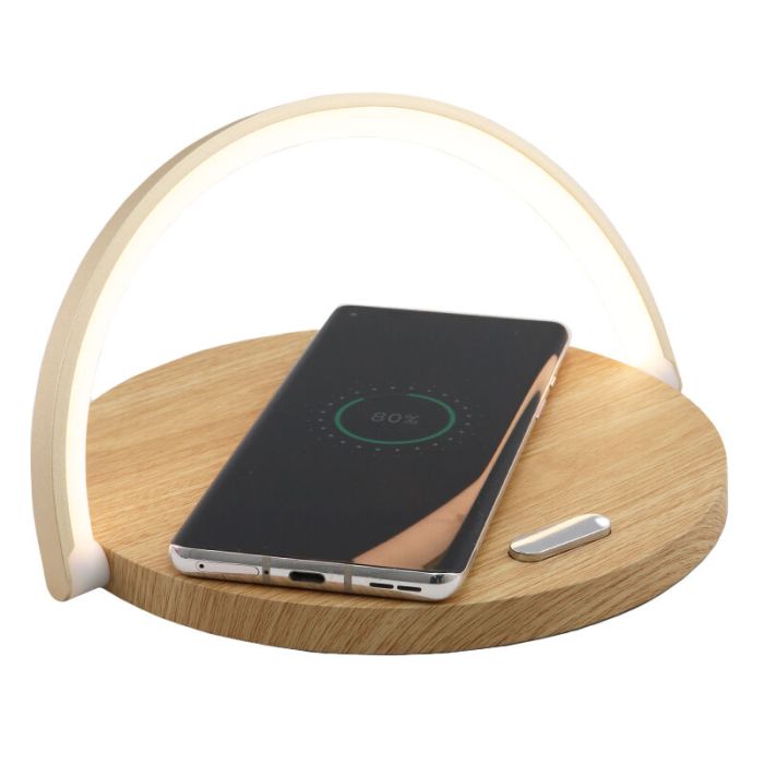 Houten tafellamp Erhan, kunststof, 2w, 3000K LED, met oplaadfunctie voor telefoon