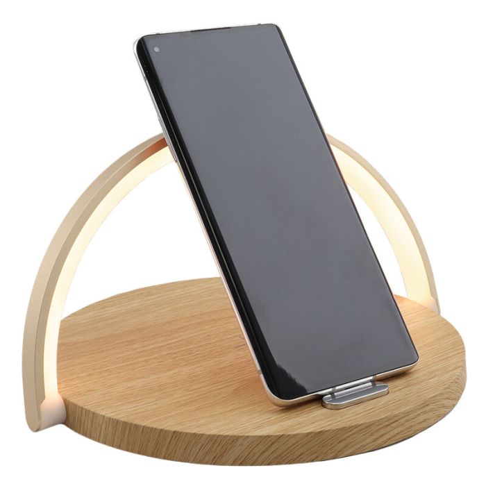 Houten tafellamp Erhan, kunststof, 2w, 3000K LED, met oplaadfunctie voor telefoon