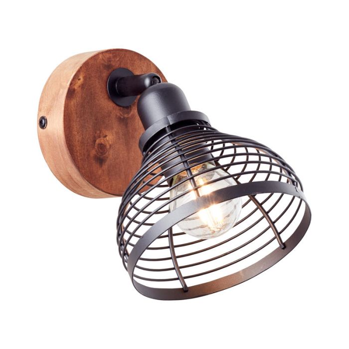 Industriële wandspot Willard, zwart met bruin, hout