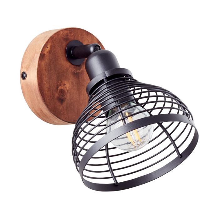 Industriële wandspot Willard, zwart met bruin, hout