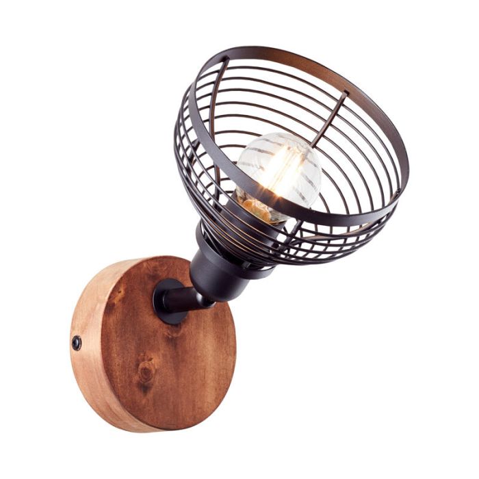 Industriële wandspot Willard, zwart met bruin, hout