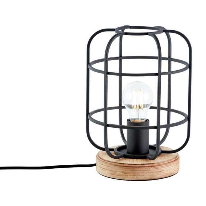 Industriële tafellamp Taede, Zwart, hout
