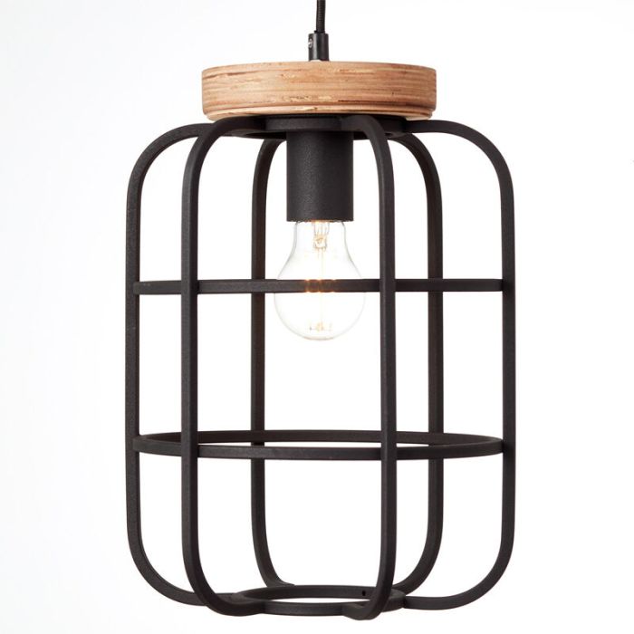 Industriële Hanglamp Taede, Zwart, hout