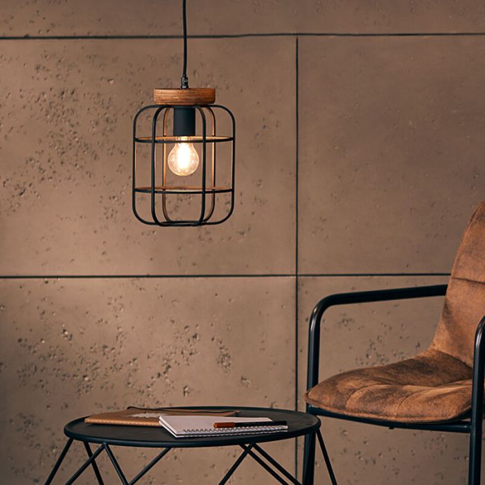 Industriële Hanglamp Taede, Zwart, hout