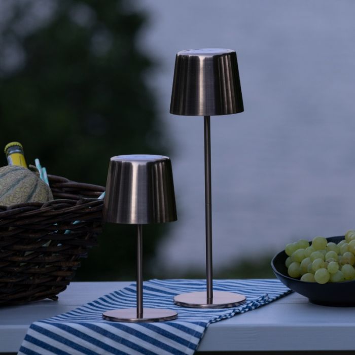 Moderne oplaadbare buiten tafellamp koper, Skander, 4W, warm tot koud wit verstelbare LED, IP44, met touchdimmer
